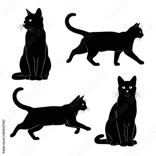 Elegant Black Cat Silhouettes in Various Poses on White Background.