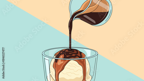 Chocolate Syrup Being Poured into Ice Cream.