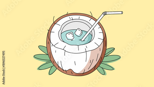 Coconut Drink with Straw and Leaves.