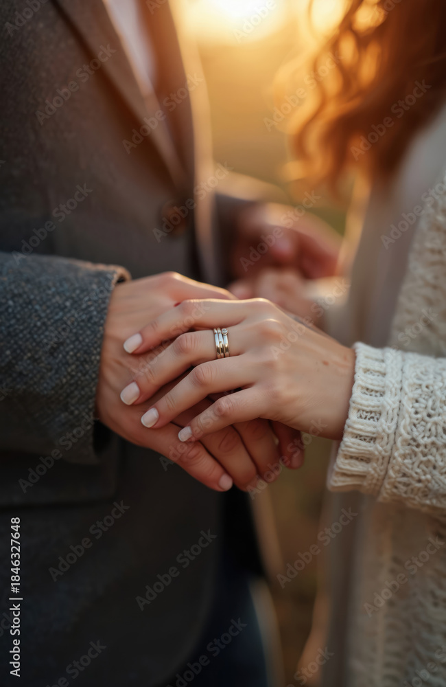 Obraz premium Couple holds hands. Woman wears stacked wedding bands on her left ring finger. Golden light glows on intertwined fingers. Gentle connection signifies love, commitment, and future together.