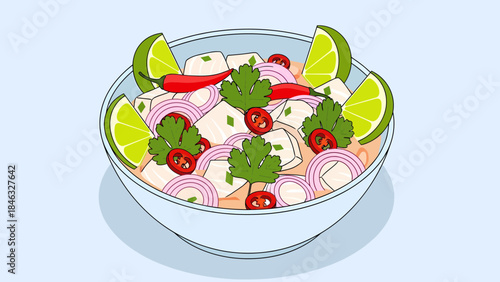 Fresh Ceviche Dish with Lime Wedges.