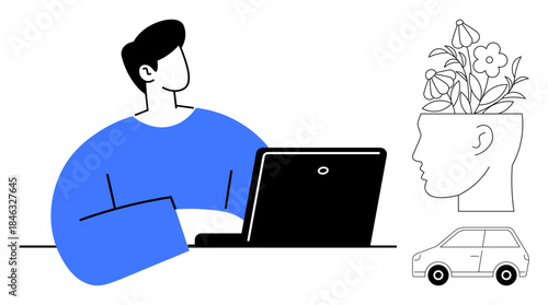Man focusing on a laptop, head filled with blooming flowers representing creativity, growth, ideas. Small car emphasizes mobility, progress. Ideal for productivity, innovation, mindfulness remote