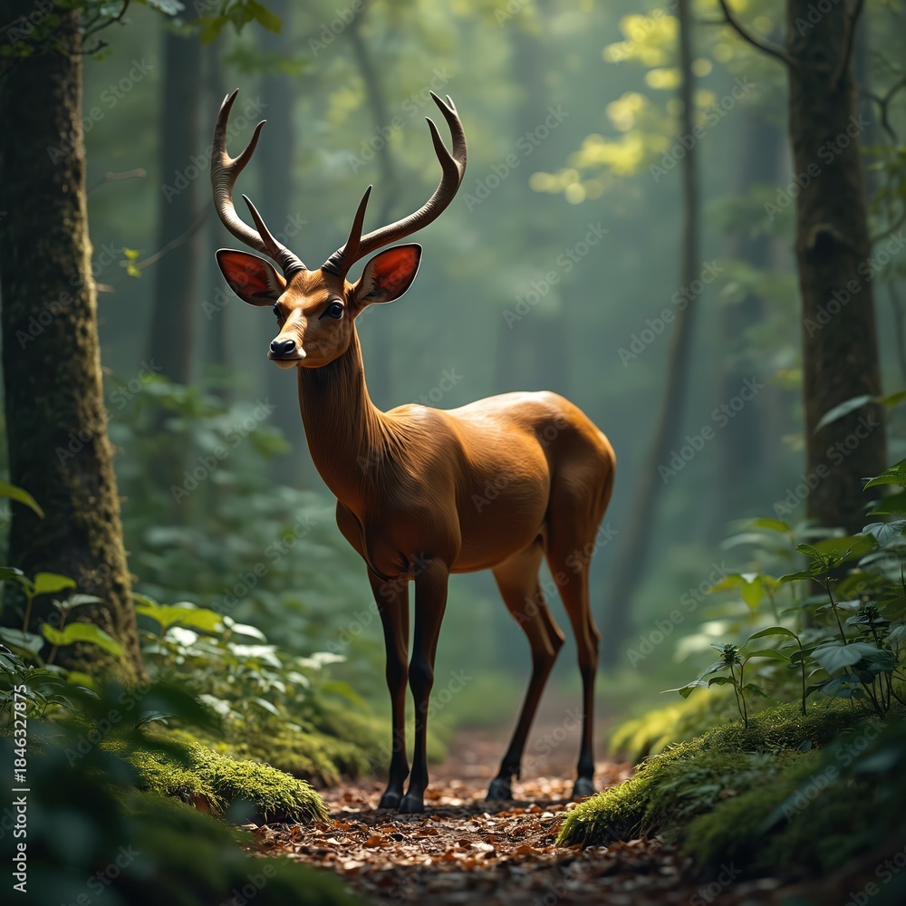 Fototapeta premium Rare saola stands in misty forest. Forest floor covered with leaves and moss. Sunlight filters through green trees. Animal in lush green vegetation. Creature in natural habitat.