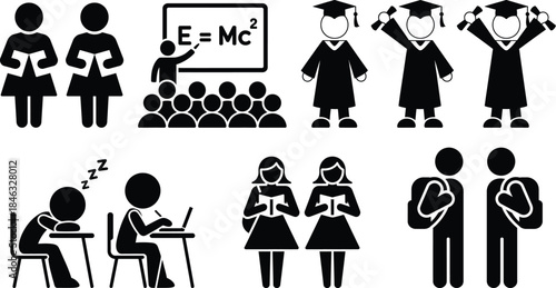 Stick figures depicting the educational journey from classroom learning to graduation