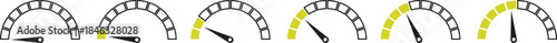 Speed Meter Icon set. Speed indicator sign. Performance concept. Fast speed sign. Vector level of performance. Speed dial indicator. Infographic of risk, gauge, score progress.