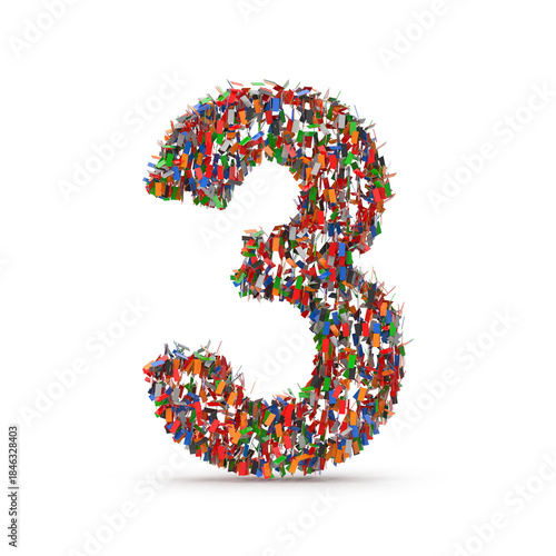 Colorful Number Three Composed of Many Small Confetti