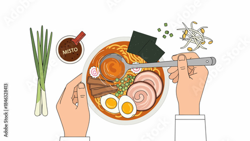 Hands holding bowl of ramen noodles.