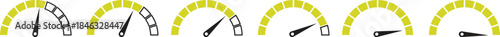 Speed Meter Icon set. Speed indicator sign. Performance concept. Fast speed sign. Vector level of performance. Speed dial indicator. Infographic of risk, gauge, score progress.
