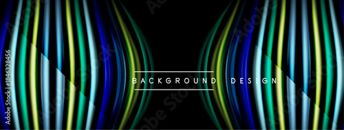 Abstract lines create dynamic visual effect. Vibrant colors blend, forming curved shapes against dark backdrop. Modern design element.