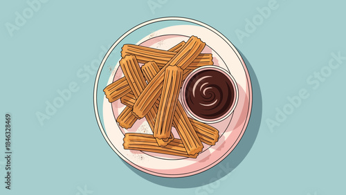 Illustration of churros with chocolate sauce.