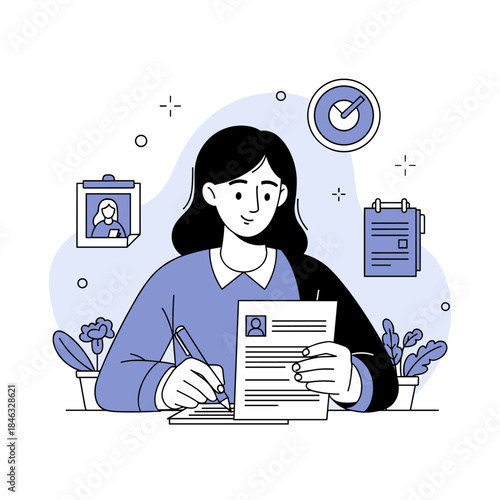 Female applicant writing resume in office setting with professional documents