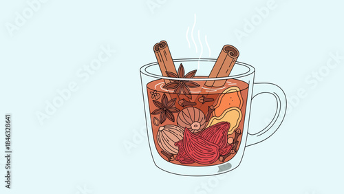 Mulled Wine in Glass Mug with Cinnamon.