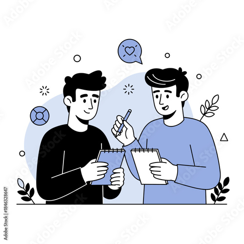 Two young caucasian males collaborating on creative ideas with notebooks