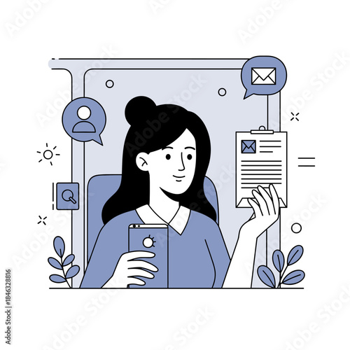 Young asian female holding smartphone and document, engaged in digital communication