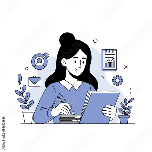 Young female asian adult drawing in notebook surrounded by office items in blue tones