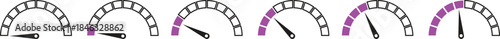 Speed Meter Icon set. Speed indicator sign. Performance concept. Fast speed sign. Vector level of performance. Speed dial indicator. Infographic of risk, gauge, score progress.