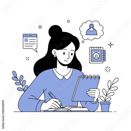 Asian female teen journaling with creative doodles