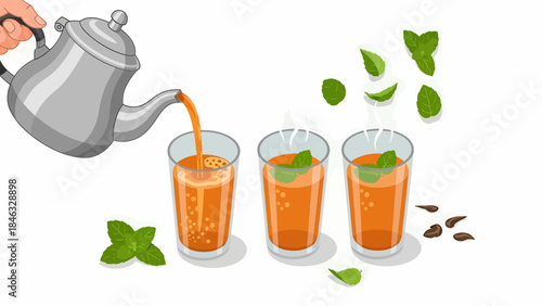 Tea being poured into glasses with mint.