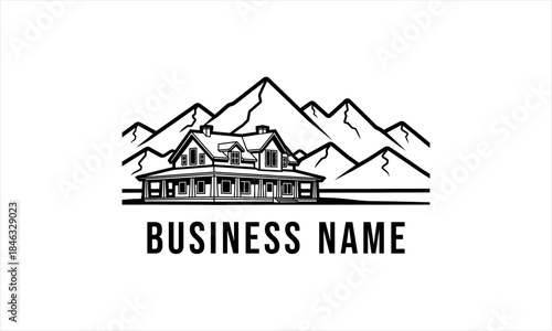 Rustic Mountain Lodge Logo Design with Classic House and Peaks.