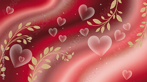 Romantic red background with floating hearts and gold leaves for Valentine's Day