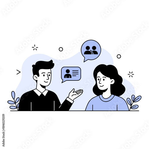 Illustrated conversation between young caucasian male and female with dialogue icons