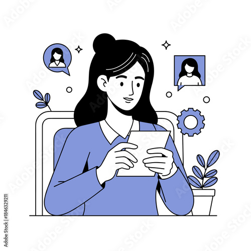 Young caucasian female adult working at desk with technology and plant elements