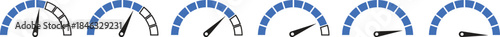 Speed Meter Icon set. Speed indicator sign. Performance concept. Fast speed sign. Vector level of performance. Speed dial indicator. Infographic of risk, gauge, score progress.