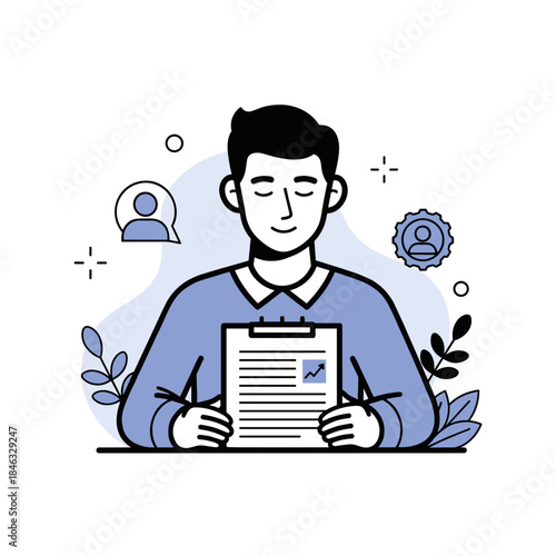 Male job applicant analyzing resume with graph icon in professional office setting