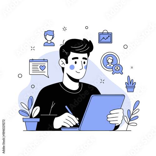 Young caucasian male designer working on digital tablet with creative icons