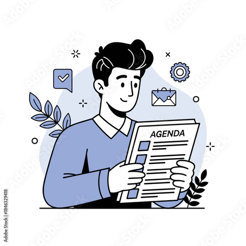 Young caucasian male reviewing agenda in office setting with decorative elements