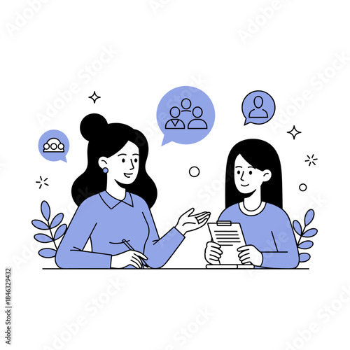 Illustration of two caucasian women in conversation with documents and dialogue icons