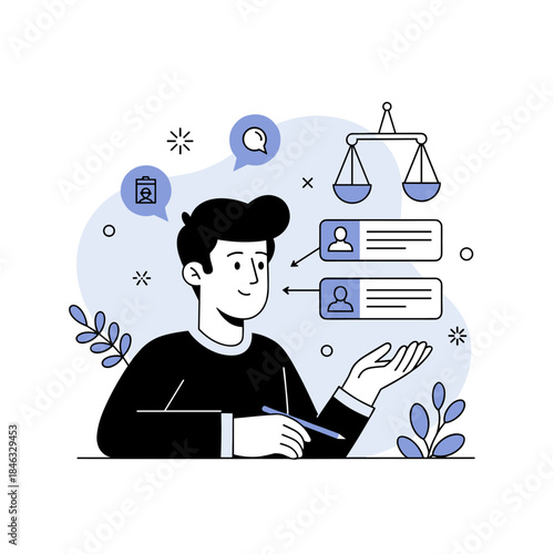 Young caucasian male discussing ethical job recruitment with scales of justice