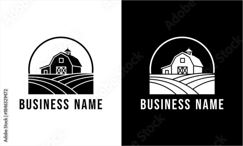 Rustic barn and rolling fields logo design for agricultural business.