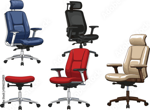 A collection of modern ergonomic office chairs in various colors, including an executive chair and an ottoman, symbolizing comfortable workspace design.