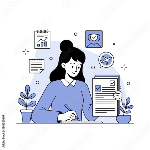 Young asian female planning travel itinerary at desk with documents and plants