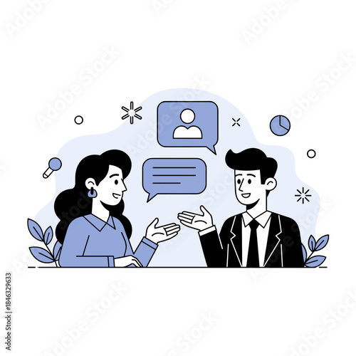 Cartoon illustration of caucasian businesswoman and businessman in conversation with speech bubbles