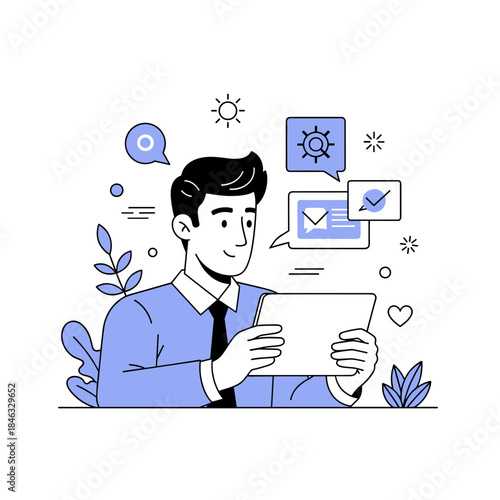 Young caucasian male professional working on tablet with digital notifications