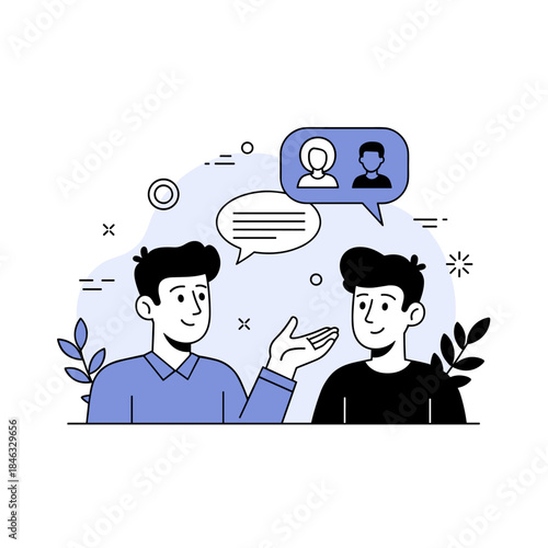 Two young caucasian males discussing social media profiles in a minimalist vector art style