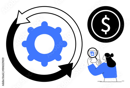 Business process optimization. Gear and arrow efficiency, currency focus for financial growth, and data analysis for informed decisions. Ideal for workflows, finance, analytics, strategy, development