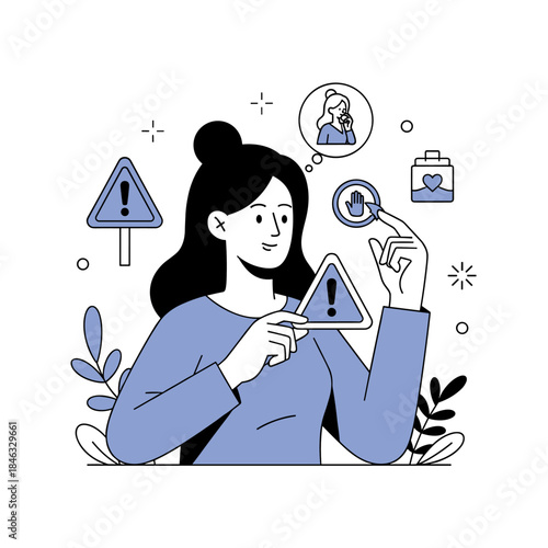 Asian female adult discussing safety precautions with alert symbols