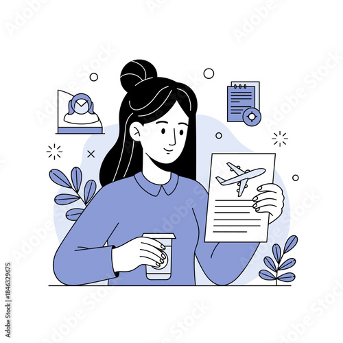 Asian female planning flight trip with ticket and coffee in hand