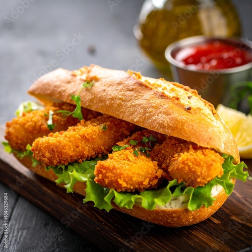 Wallpaper Mural Close-up of a crispy breaded seafood sandwich with sauce Torontodigital.ca