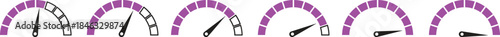 Speed Meter Icon set. Speed indicator sign. Performance concept. Fast speed sign. Vector level of performance. Speed dial indicator. Infographic of risk, gauge, score progress.