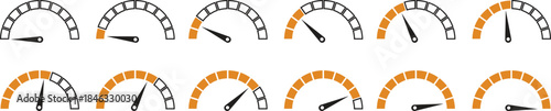 Speed Meter Icon set. Speed indicator sign. Performance concept. Fast speed sign. Vector level of performance. Speed dial indicator. Infographic of risk, gauge, score progress.