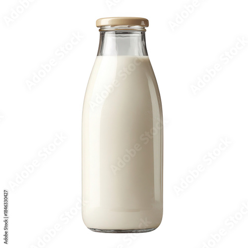 Fresh glass bottle of milk or plant-based beverage, isolated on transparent background