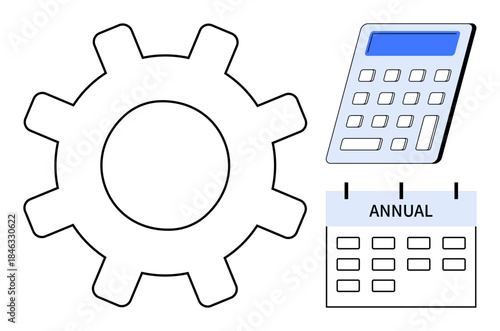 Business strategy, annual planning, budgeting, process optimization, financial analysis, and workflow management. Gear, calculator and annual calendar highlight yearly planning. Business strategy