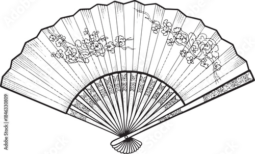 Elegant traditional Asian folding fan with intricate floral patterns, a classic vintage decorative accessory depicted in detailed black and white line art vector illustration