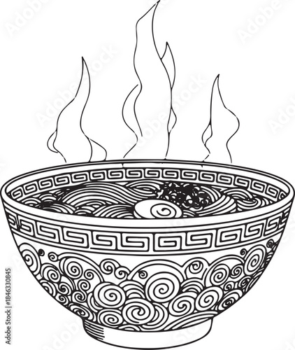 A visually appealing black and white illustration of a steaming bowl of ramen noodles, showcasing intricate patterns on the bowl's exterior and a delectable serving of soup and noodles within