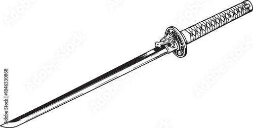 A detailed black and white illustration of a Japanese sword, featuring a finely wrapped handle and a curved, single-edged blade, ideal for historical or martial arts themes