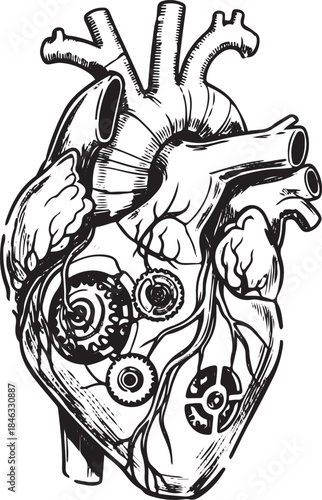 An intricate mechanical heart illustration with gears and clockwork, symbolizing the fusion of biology and machinery in a unique artistic representation of the human circulatory system's complexity